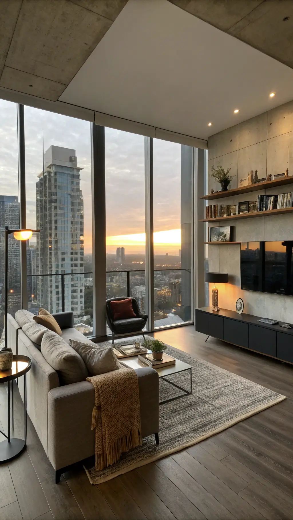 Contemporary living room at sunset with floor-to-ceiling windows, city views, concrete accent wall, bleached oak floors, charcoal sectional, walnut shelves, brass lamps, smoky glass side tables, chunky knit throws, leather pillows, and wool rug.