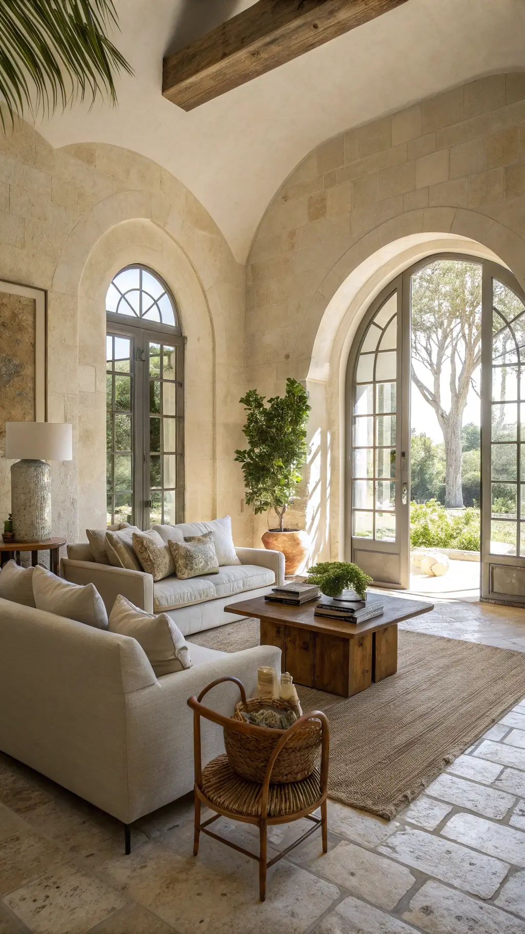 Serene Mediterranean-inspired living room with arched windows, limestone floors, Venetian plaster walls, linen sofa, velvet chairs, bleached wood coffee table, pottery, hemp rug, and raw silk pillows.