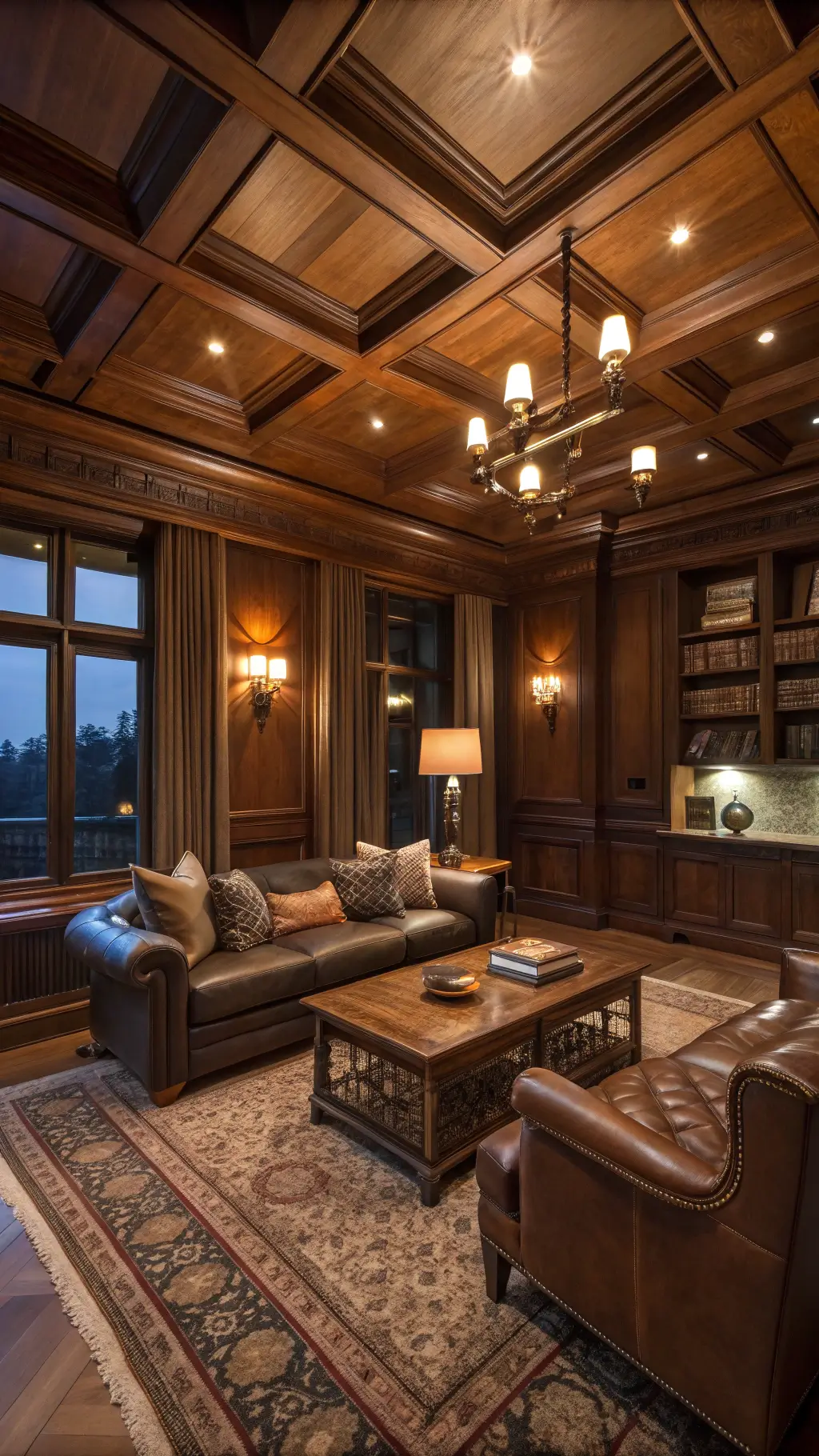 Elegant living room at dusk with mahogany paneling, coffered ceiling, library sconces, slate leather sofa, mid-century cognac leather lounge chairs, marble coffee table, vintage Oushak rug, leather pillows, and brass accessories.