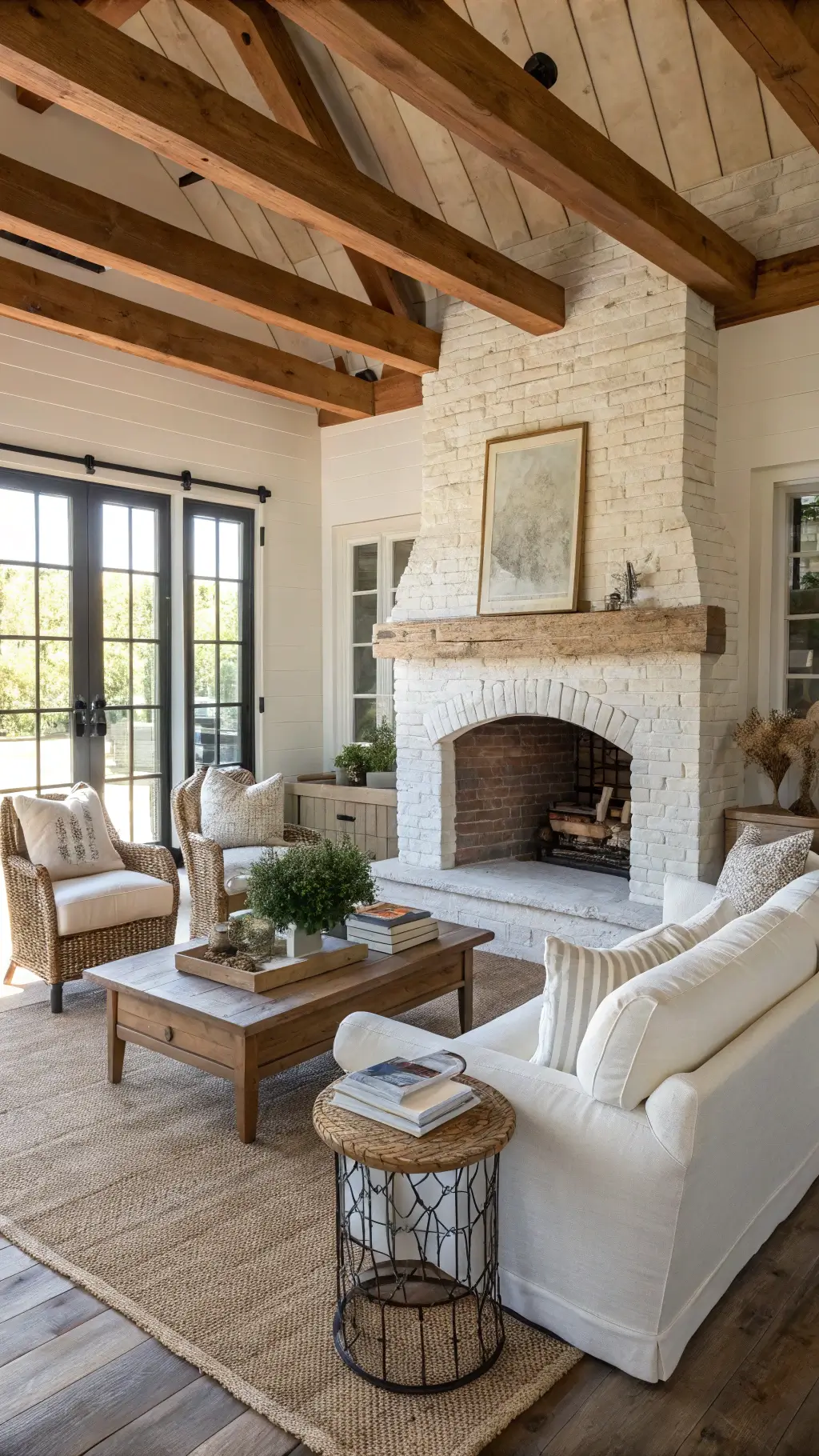 Casual living room in morning light with exposed wooden beams, French doors, whitewashed brick fireplace, slipcovered ivory sofa, reclaimed wood coffee table, seagrass rug, canvas pillows, and vintage pottery.