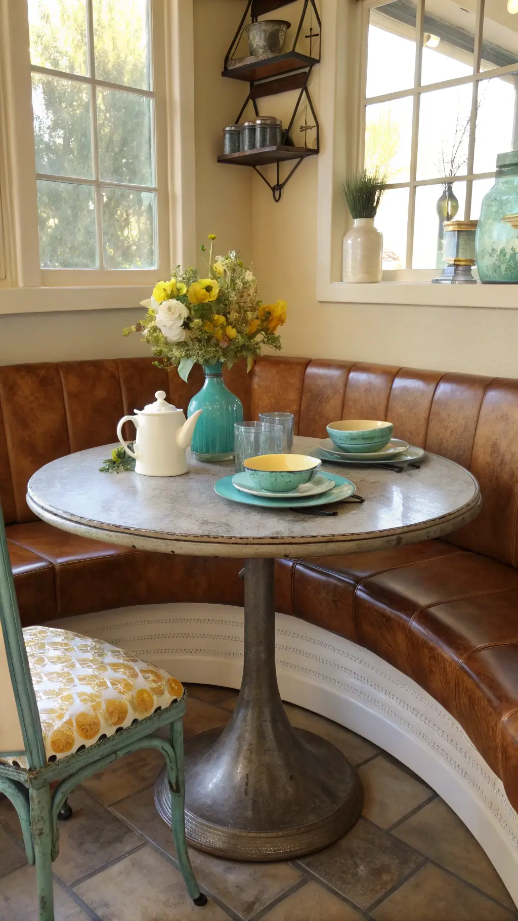 Vintage kitchen props including copper pots and patterned linens