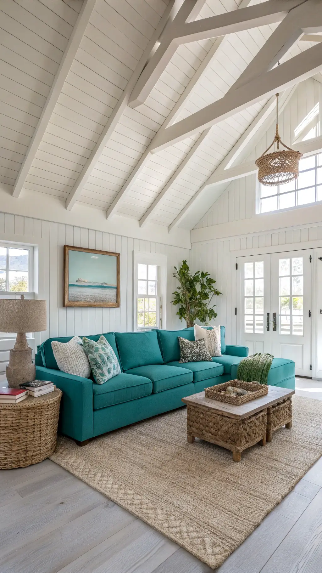 Coastal-inspired living room with cathedral ceilings, whitewashed beams, teal sectional sofa against shiplap walls, seagrass baskets, ivory jute rug, distressed wood coffee table, and blue-green throw pillows illuminated by afternoon sunlight.