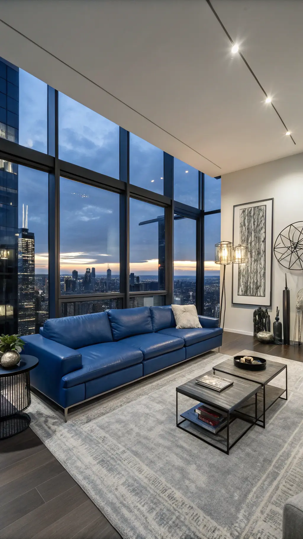 Modern penthouse living room featuring a cobalt blue leather sofa, black metal and glass side tables, abstract artwork, chrome floor sculpture, and panoramic city views through floor-to-ceiling windows.