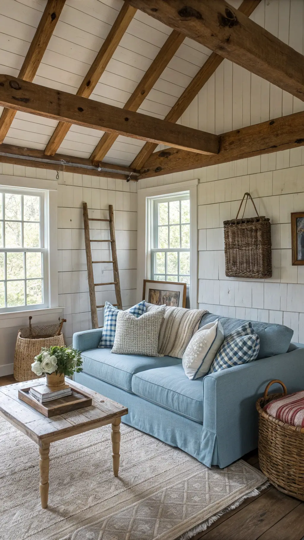 Inviting farmhouse living room with rustic accents including a blue sofa, wooden coffee table, vintage ladder, woven baskets, and soft morning light streaming through mullioned windows.