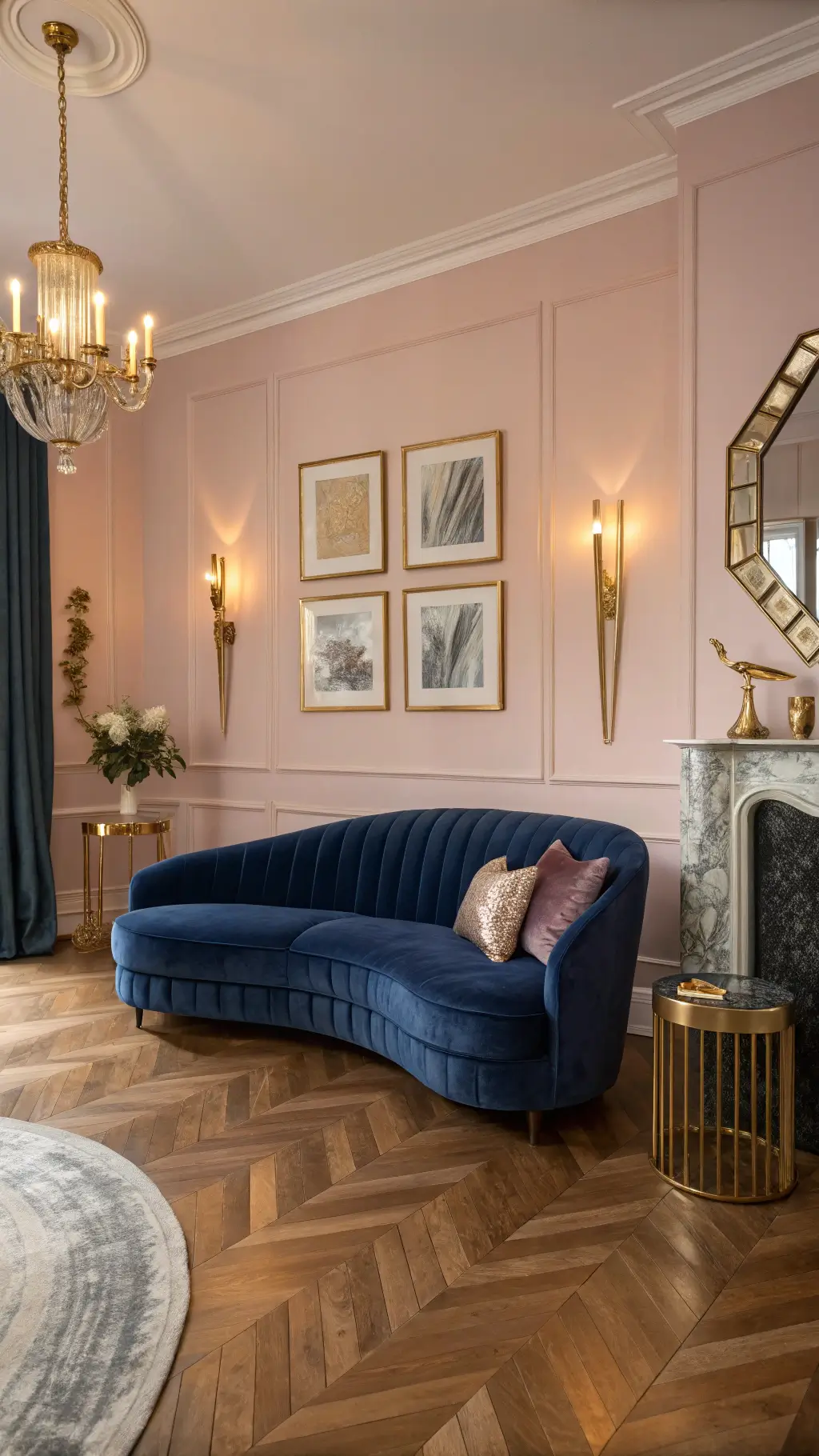Art deco-inspired lounge featuring a sapphire velvet sofa against a blush pink wall, herringbone hardwood floors, vintage brass sconces, gold-framed mirrors, marble side tables, and champagne silk drapes creating a warm ambiance.