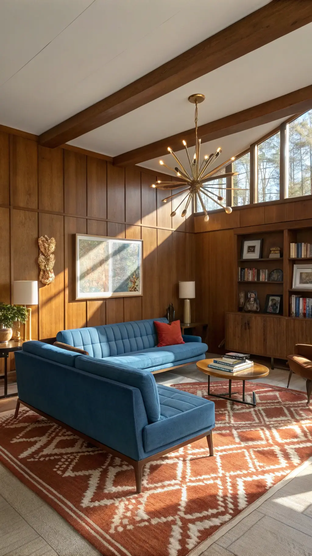 Mid-century modern living room with walnut paneling, electric blue bouclé sofa, teak credenza, brass chandelier, and geometric rug illuminated by golden hour sunlight through clerestory windows.