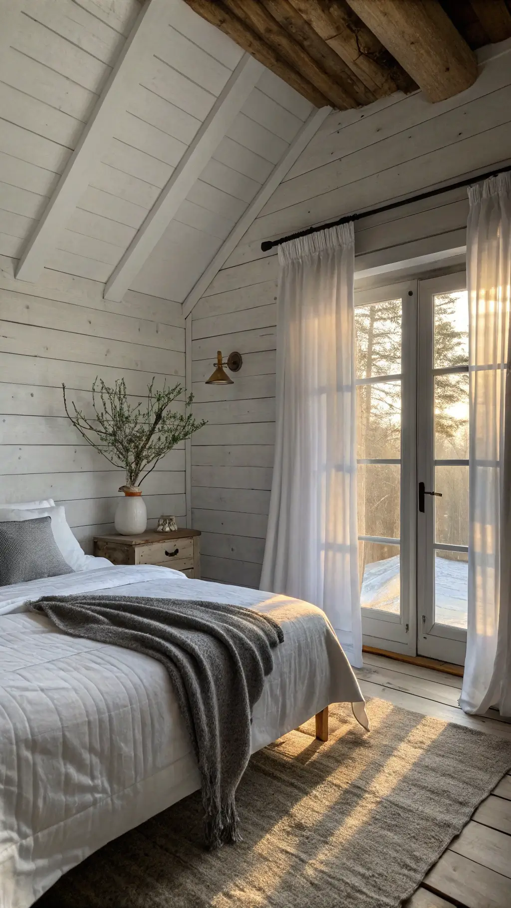 Nordic bedroom in soft cream and foggy gray tones at dawn, featuring a queen bed with white linens, oak bedside table with pine branch vase, whitewashed walls, and dark ceiling beams.