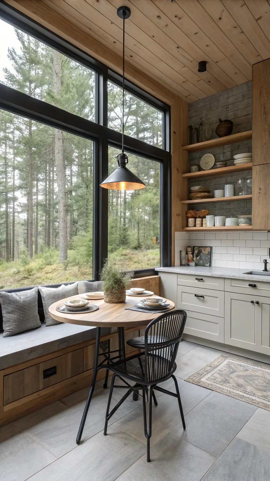 Compact Nordic kitchen with pine cabinetry, concrete countertops, open shelves with ceramics, and vintage dining table with black chairs, illuminated by soft overcast daylight from corner windows overlooking forest.