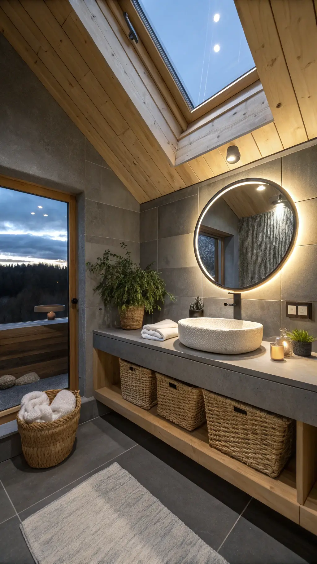 Nordic style bathroom with concrete sink, floating oak vanity, large gray tiles, skylight, round mirror reflecting soft evening light, woven basket with white towels, and a plant in an earthenware pot.