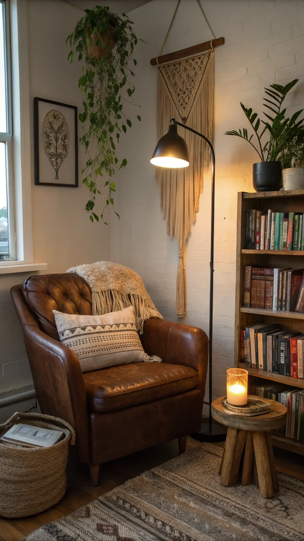 Cozy reading nook with leather armchair, sheepskin throw, oak side table, warm floor lamp, built-in bookshelf filled with curated books, handmade ceramic planter with trailing plants, and woven wall hanging.