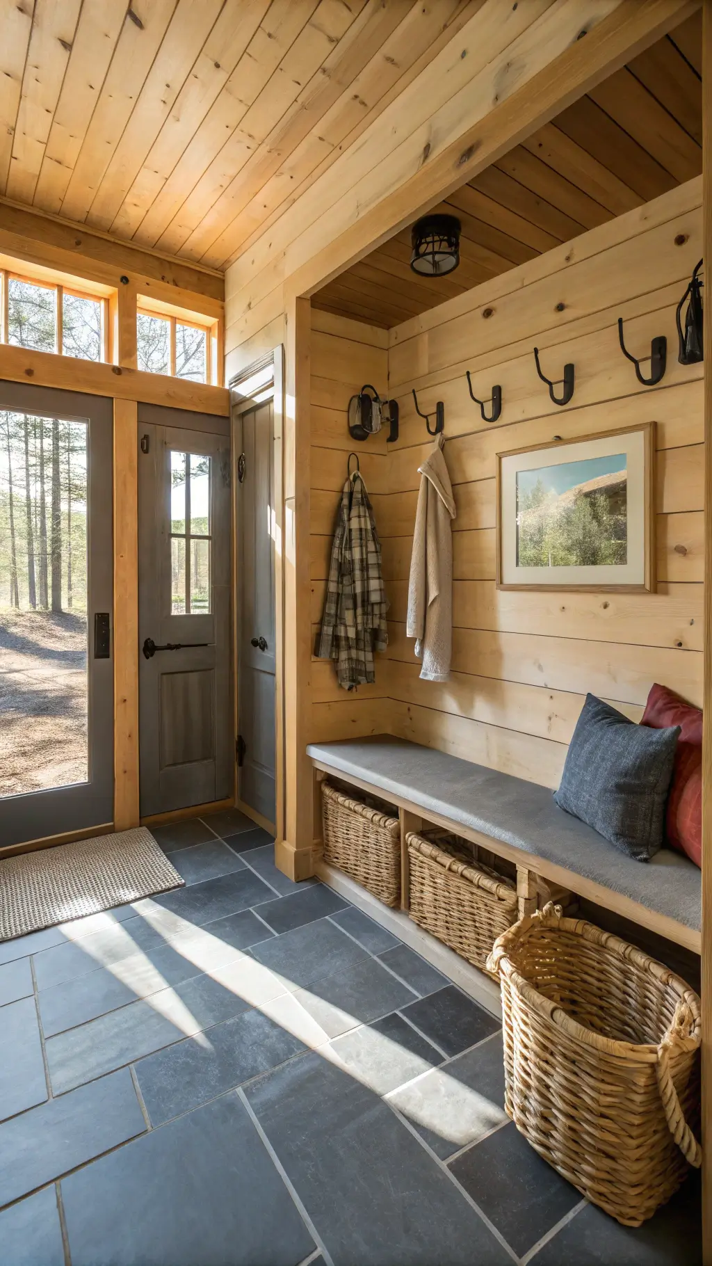 Nordic cabin entryway featuring custom wooden coat hooks, built-in storage bench, slate flooring, pine walls, vintage mirror, woven basket, and wool blankets, illuminated by morning light casting dramatic shadows.