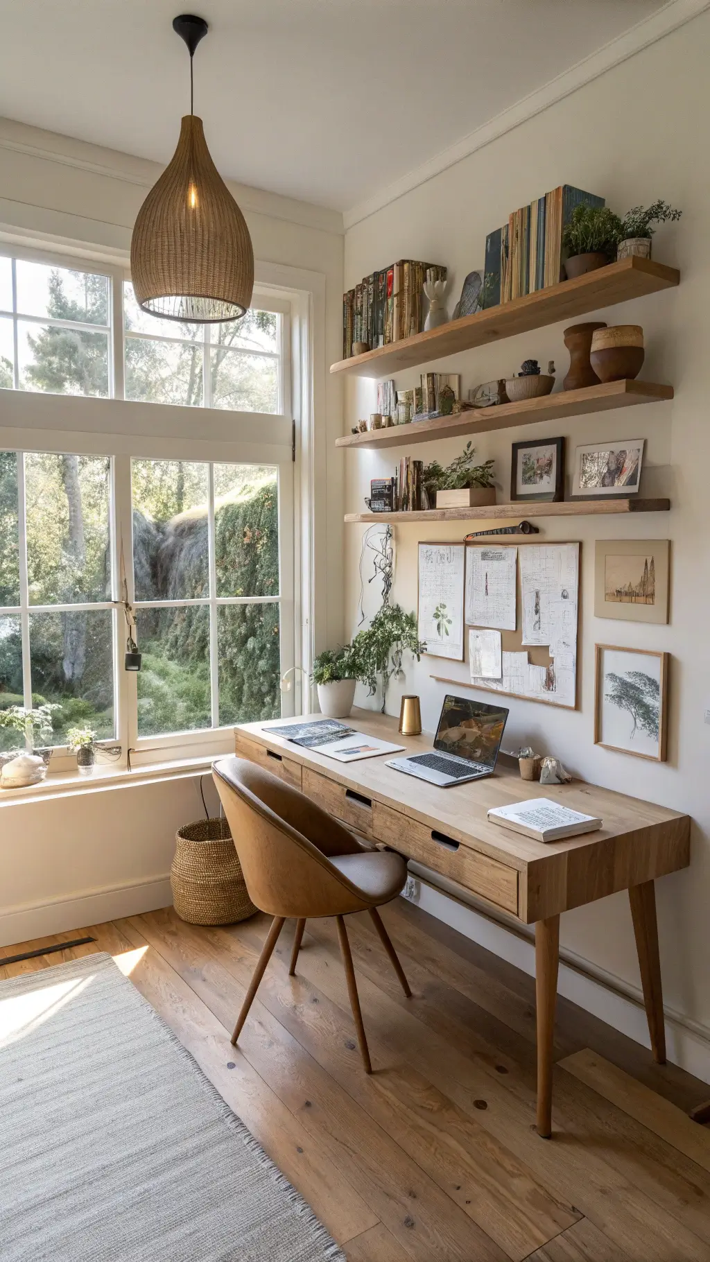 Scandinavian-style workspace with raw oak floating desk, Danish chair, linen pinboard with botanical prints, brushed brass pendant light, and open shelves displaying pottery, bathed in warm afternoon light.