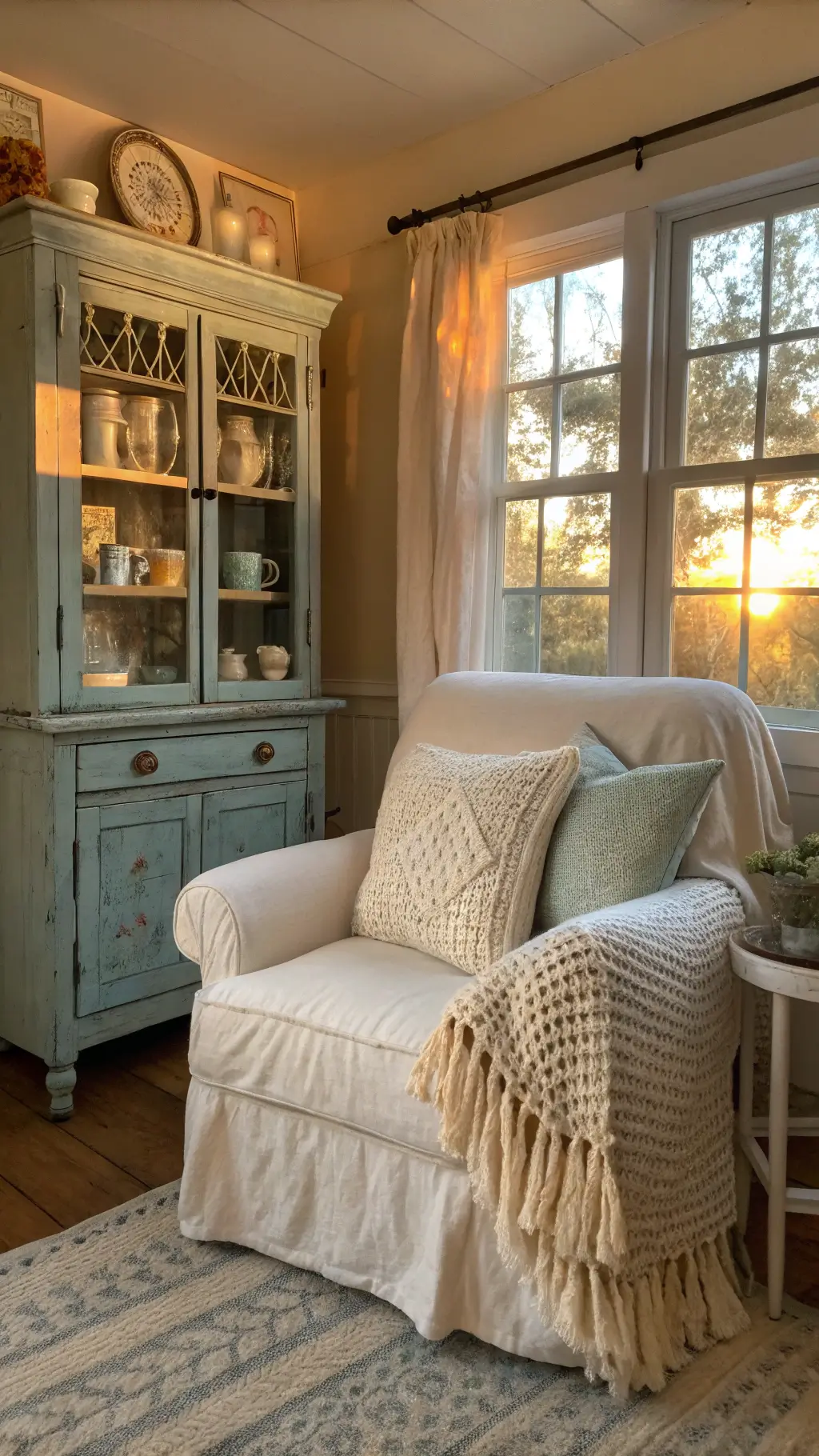 golden hour in a cozy 10x12ft cottage living room featuring linen armchair with vintage pillows, hand-crocheted throw, painted hutch displaying ironstone pitchers, teacups, and worn wallpaper revealing original plaster.