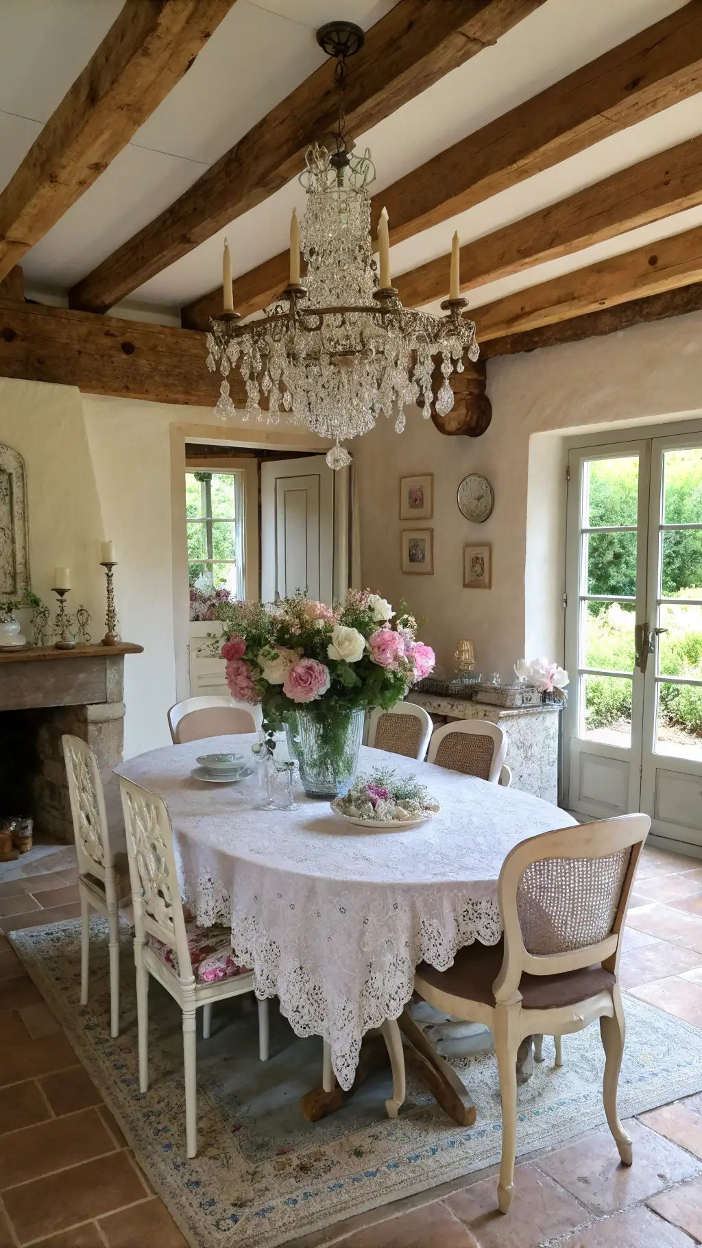 shabby chic dining room in a converted farmhouse with exposed wooden beams, vintage crystal chandelier, mismatched chairs in cream and blush tones, antique lace tablecloth, fresh hydrangeas in mercury glass vase