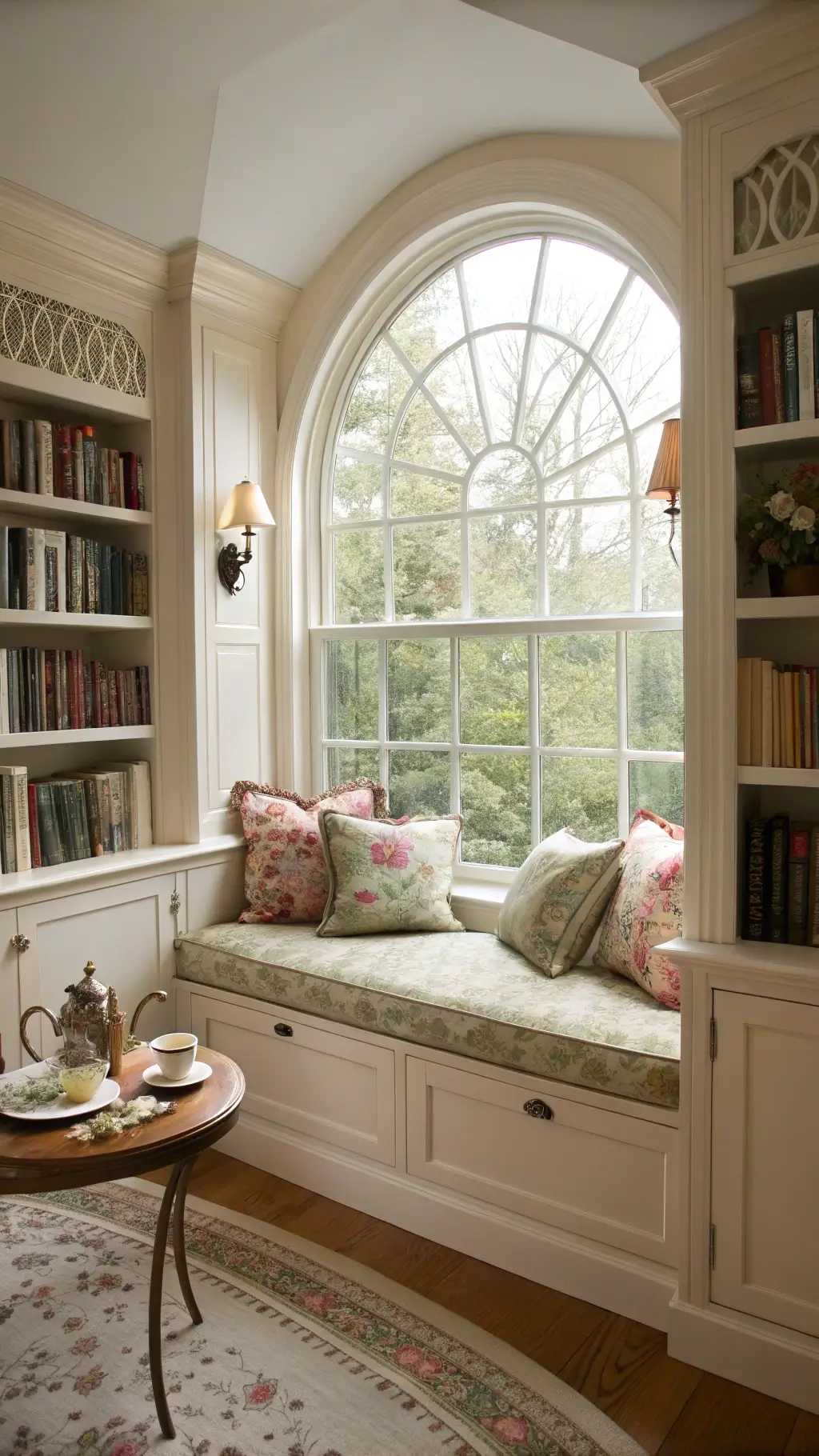 morning view of a cozy reading nook with window seat, curved ceiling, white bookshelves filled with books, vintage floral cushions, tea set on distressed side table bathed in soft light