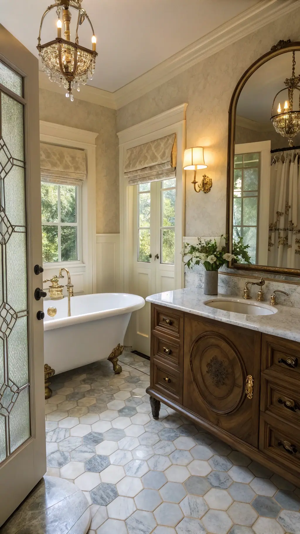 vintage master bathroom with clawfoot tub, marble flooring, and elegant vanity