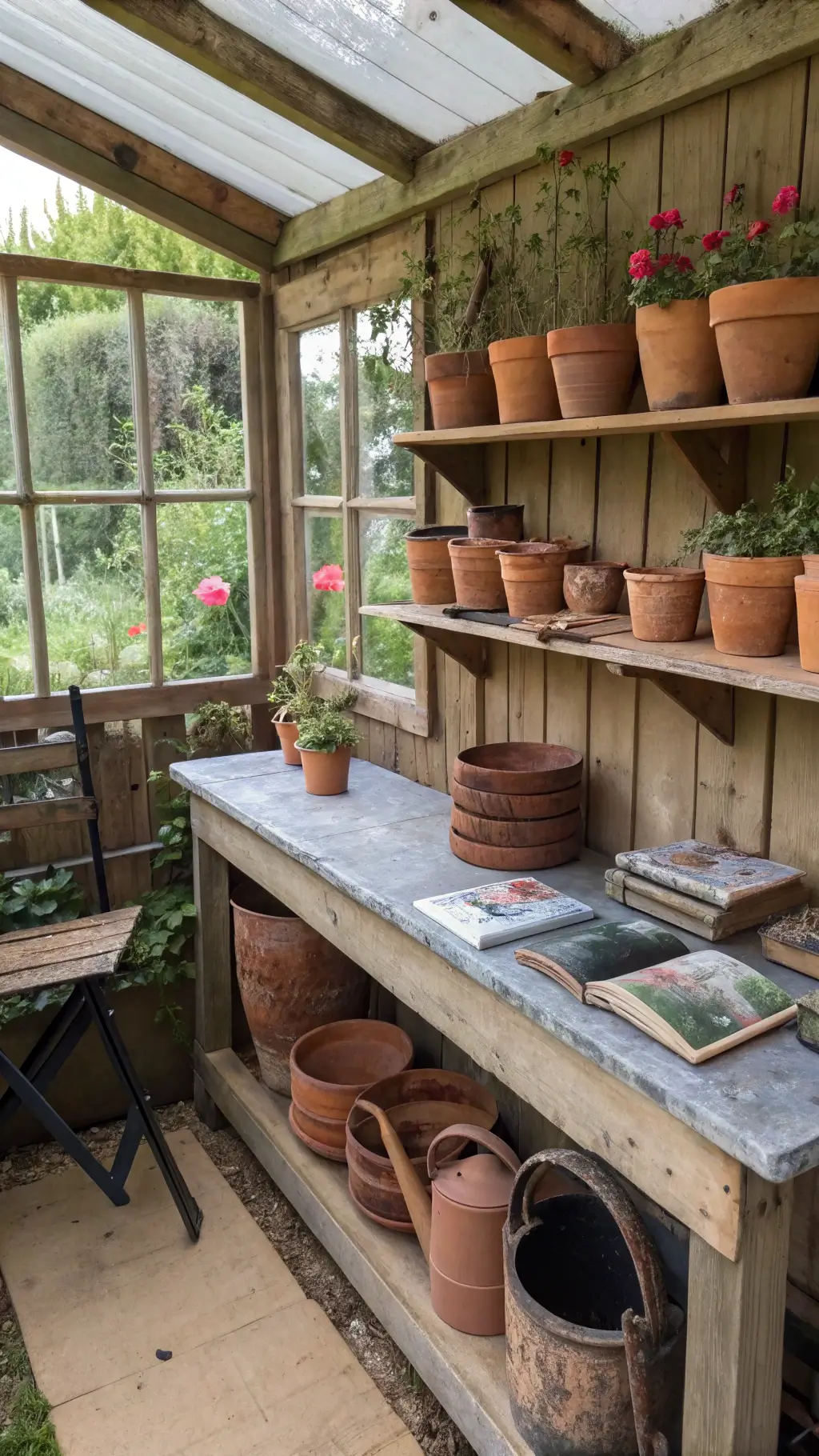 rustic garden room interior with vintage terra cotta pots, gardening tools, fresh cuttings on zinc-topped table, climbing roses visible through windows, illuminated by dappled afternoon light