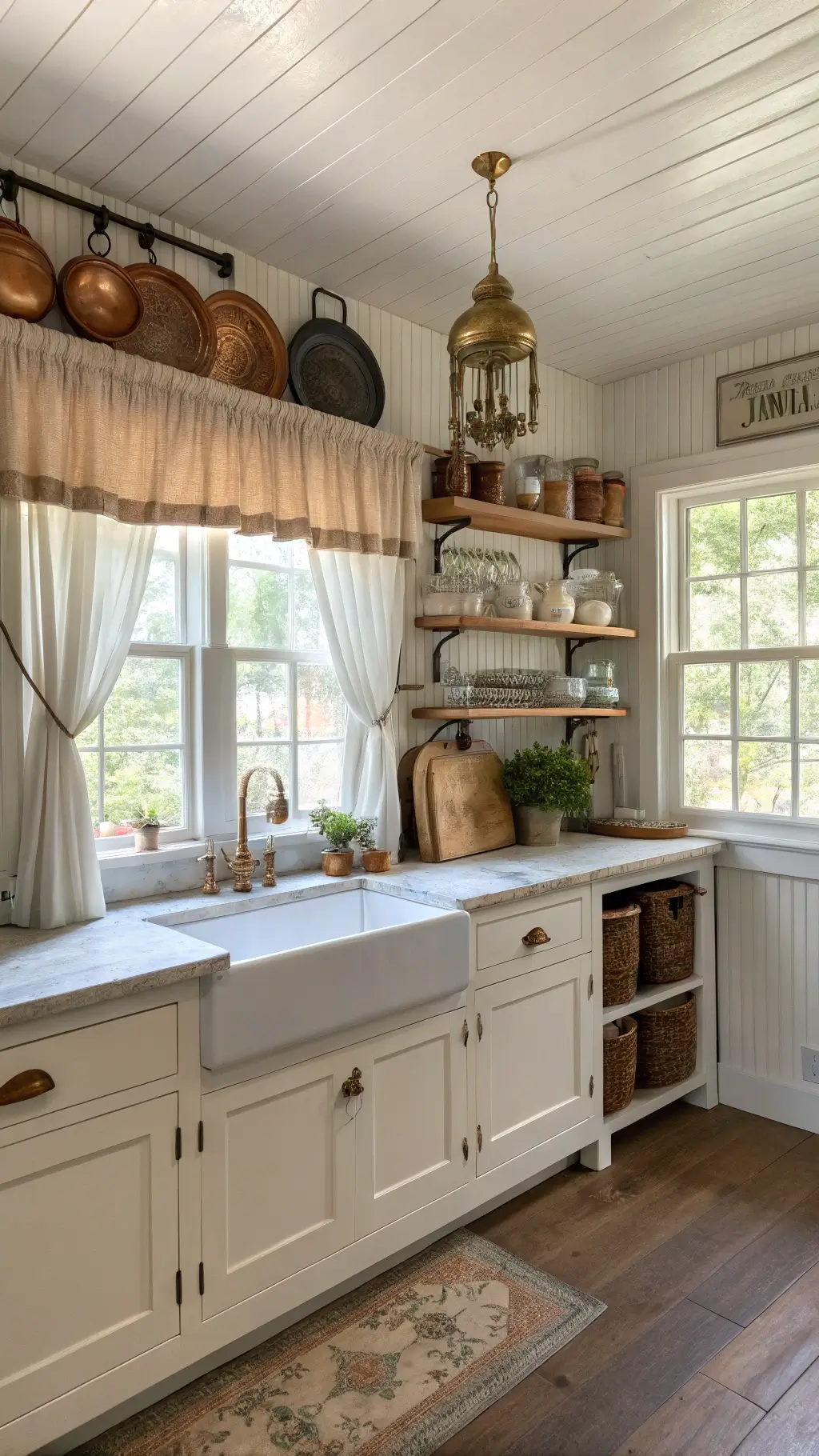 warm, inviting farmhouse kitchen with beadboard ceiling, open shelving with ironstone and mason jars, butcher block island, copper pots hanging from rack, bathed in morning sunlight
