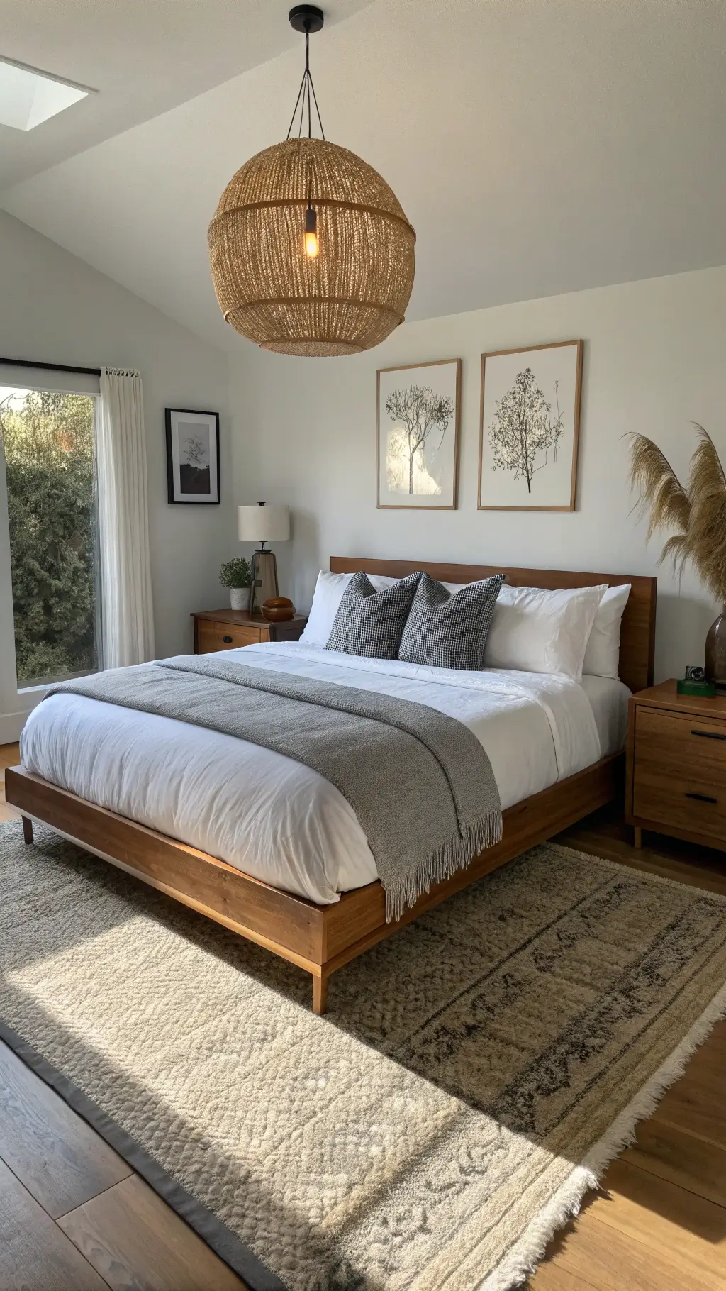 Cozy bedroom illuminated by golden hour light featuring a walnut platform bed, white linen bedding, gray cashmere throw, bamboo pendant lamp, natural jute rug, black ink artwork, clay bedside vessels, and floating walnut nightstands.