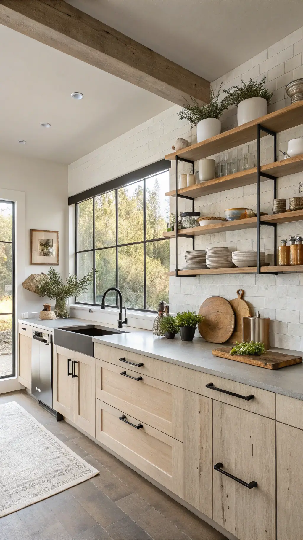 Bright modern kitchen with light oak shelving displaying cream and charcoal ceramics, concrete countertops, matte black fixtures, white cabinetry, wooden accessories, and potted herbs on the windowsill illuminated by soft natural light.