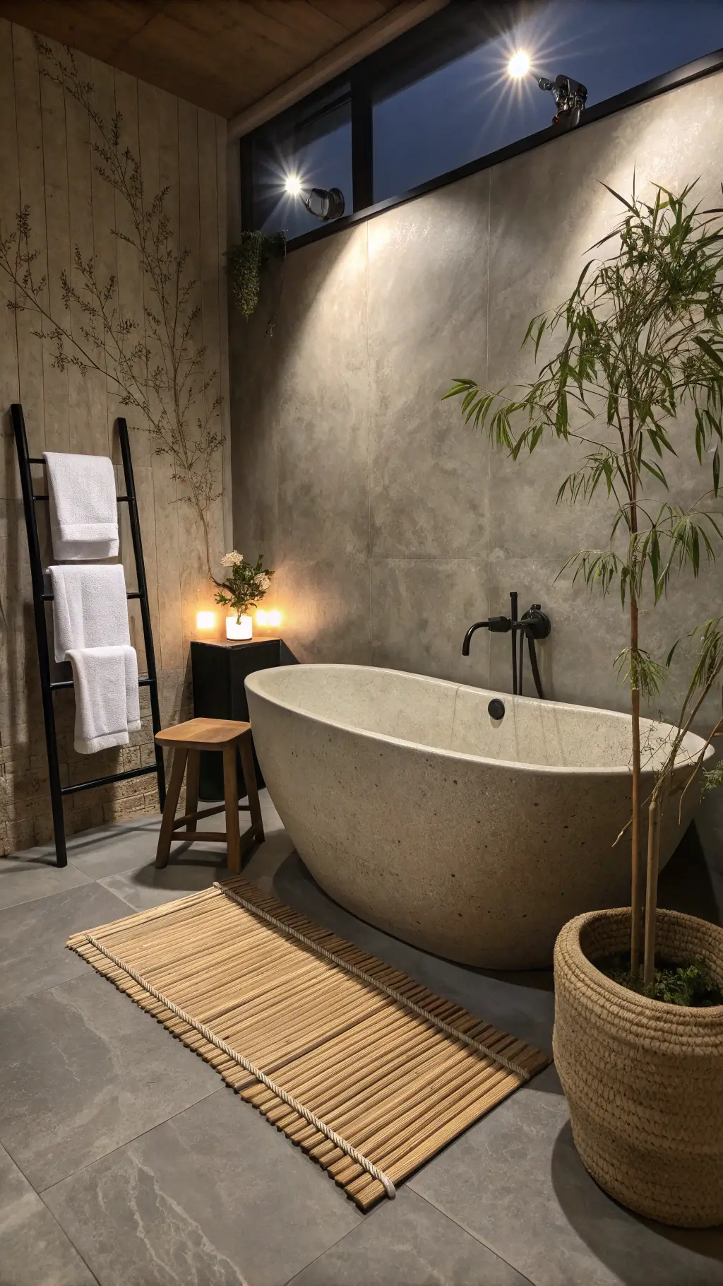 Serene bathroom at twilight featuring a freestanding stone tub against a warm gray plaster wall, matte black fixtures, bamboo bath mat, natural linen towels, and a small ikebana floral arrangement on a wooden stool.