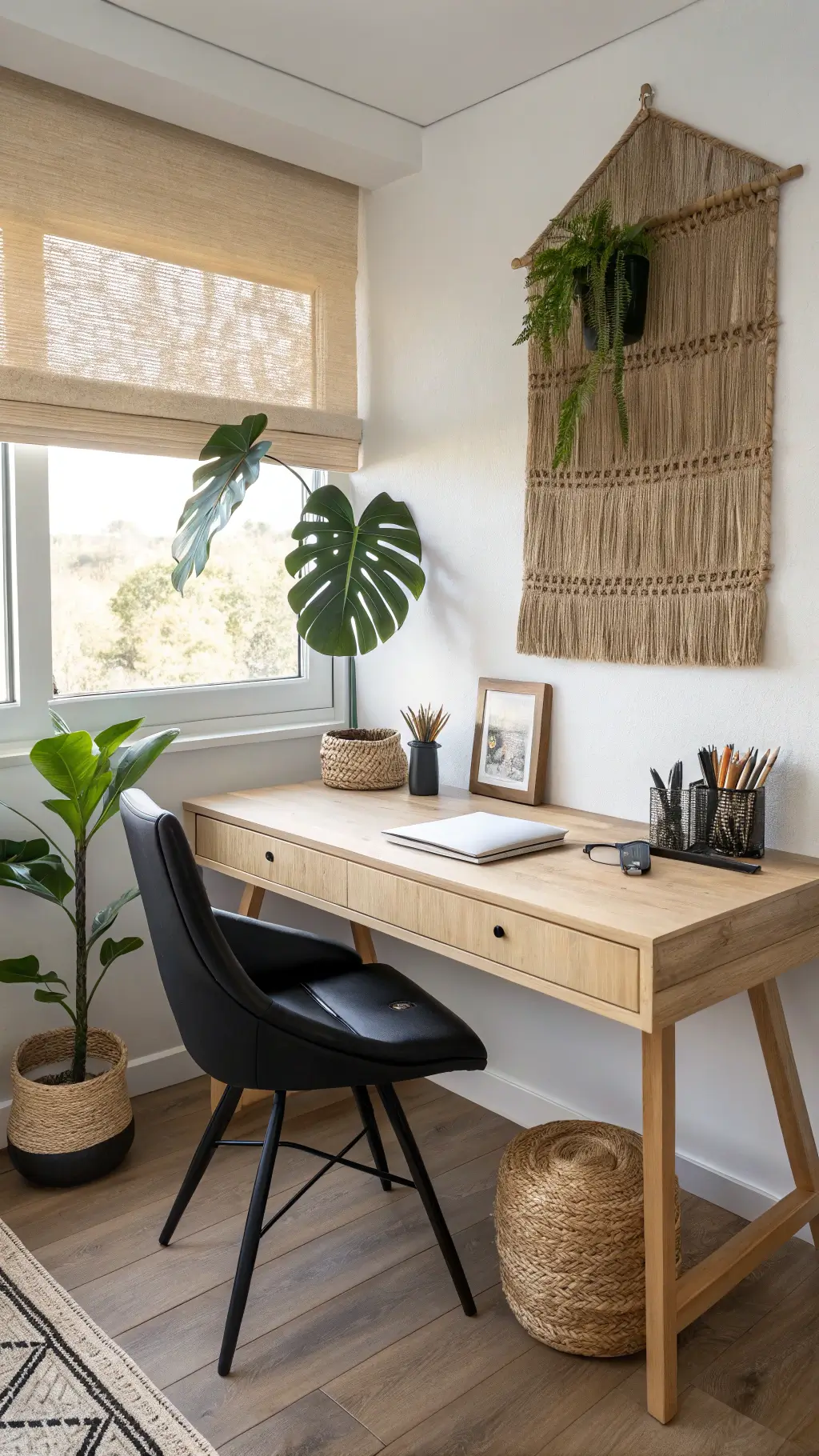 Minimalist, sunlit home office corner with bleached oak floating desk, black leather chair, ceramic vases, grass wall art, potted monstera, and natural fiber roman shade.
