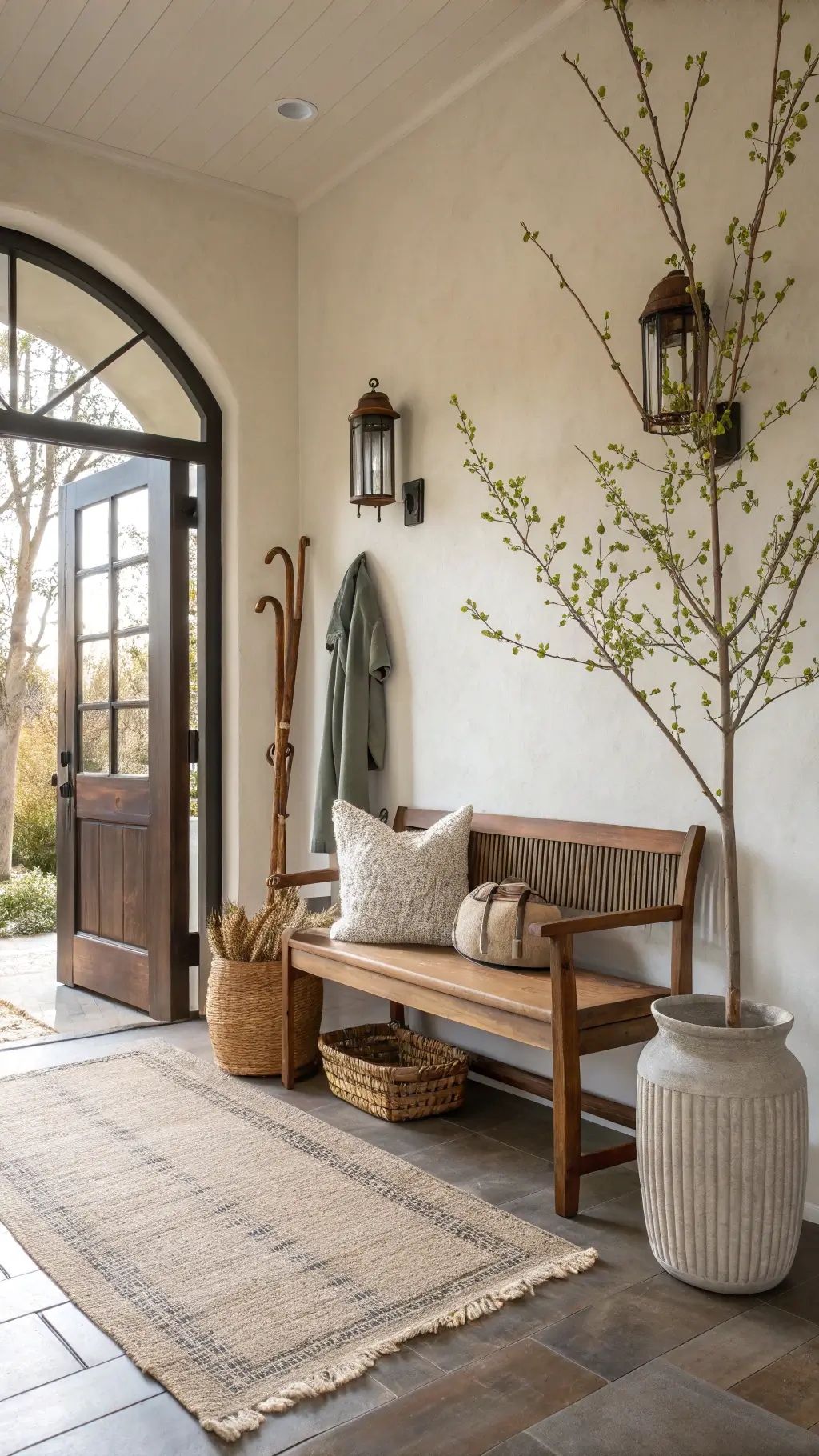 Inviting entryway bathed in afternoon light featuring a smoked oak bench with woven cushion, neutral natural fiber runner, handmade ceramic umbrella stand, minimal brass hooks on plaster wall, and a tall vase with a single branch.