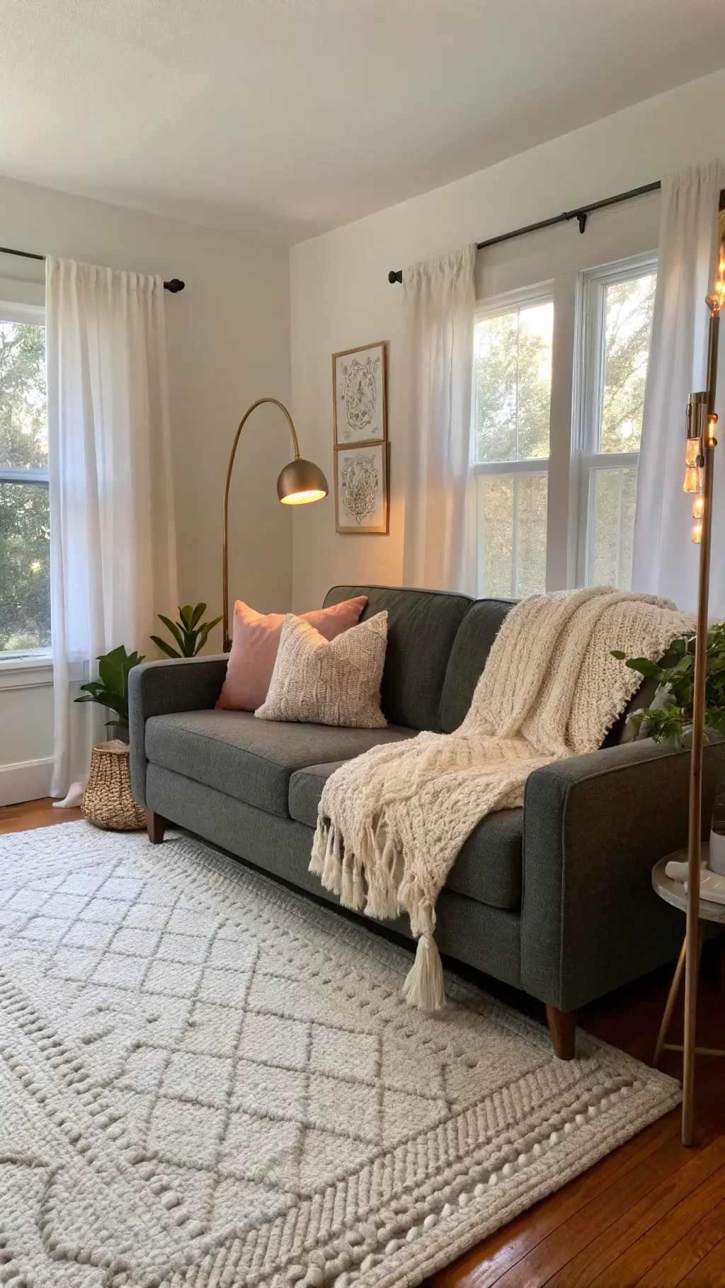 Inviting living room with a dark grey sofa, pastel cushions, ivory throw, copper floor lamp, and white curtains bathed in warm golden hour light
