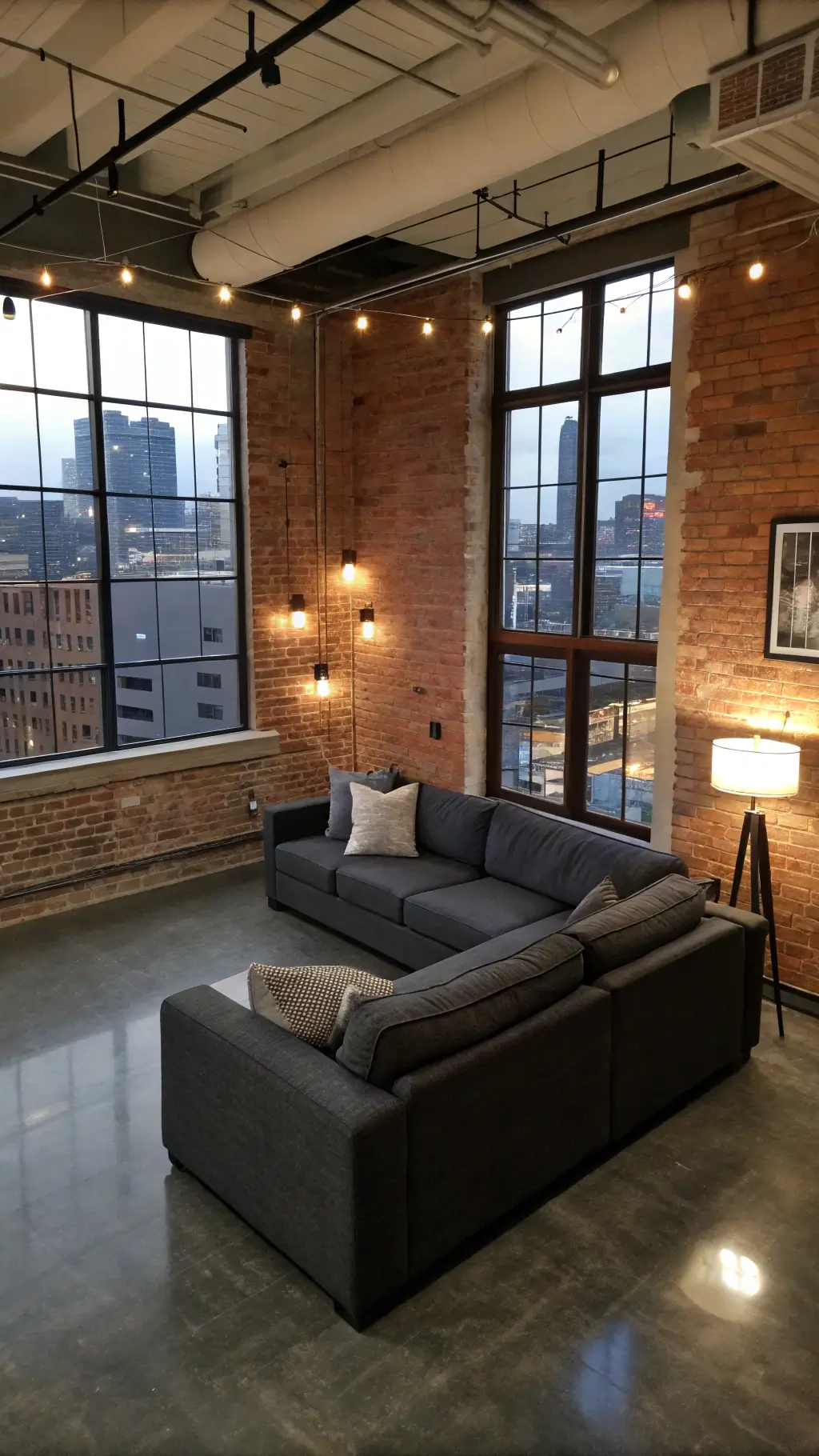 Minimalist urban loft with a dark grey sofa, monochromatic decor, polished concrete floors, modern lighting, and large industrial windows overlooking the city at dusk