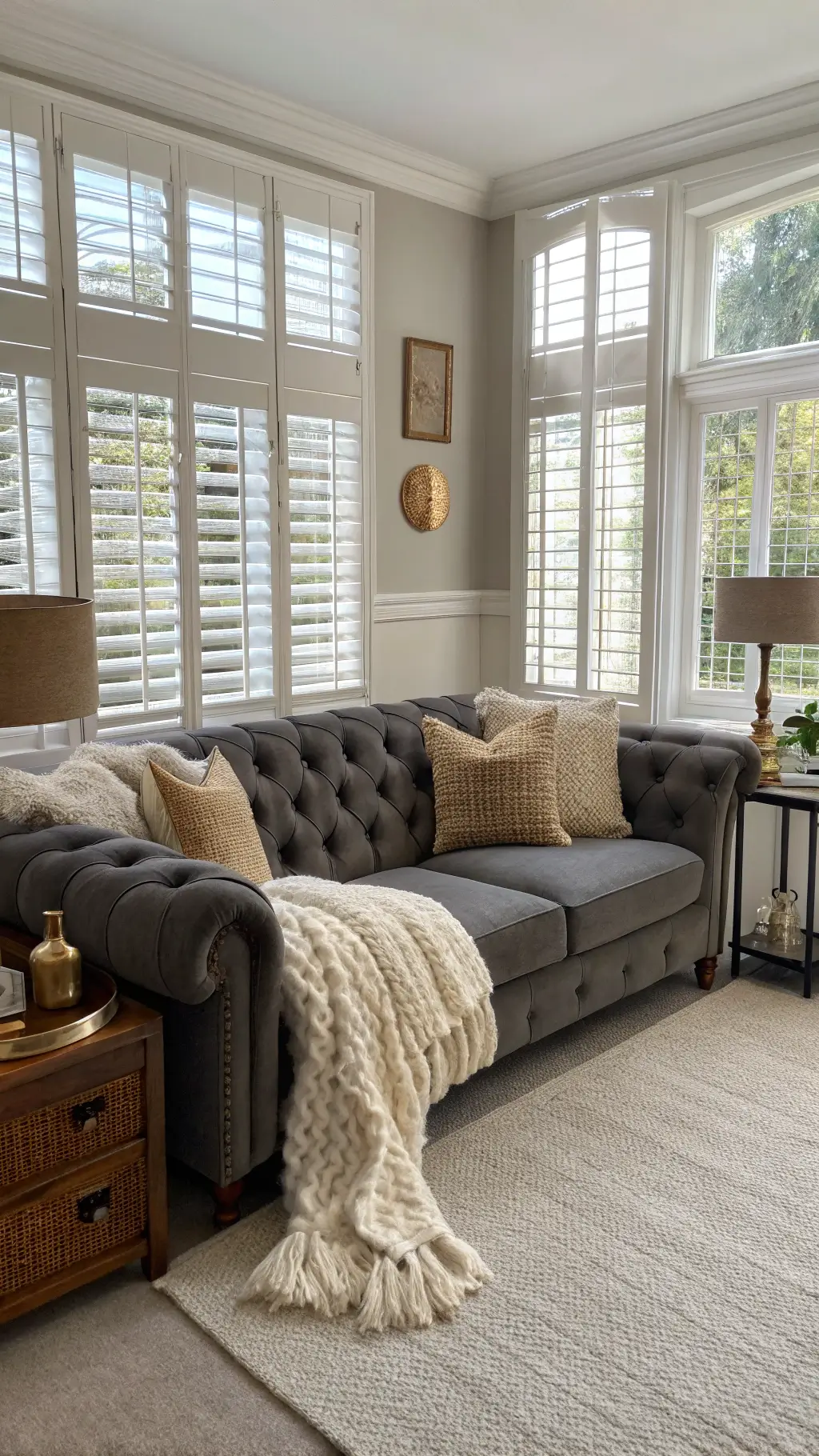 Bright living room with a dark grey wool sofa adorned with cream and taupe pillows, sheepskin throws, walnut side tables, and vintage brass decor, illuminated by natural light through plantation shutters