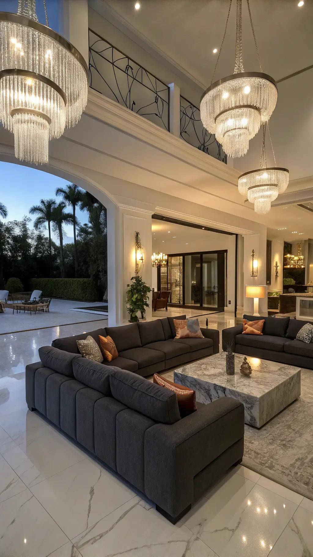 Spacious open-plan living room at dusk featuring a large dark grey sectional sofa with metallic accent pillows, crystal chandeliers, marble flooring, and mirrored surfaces