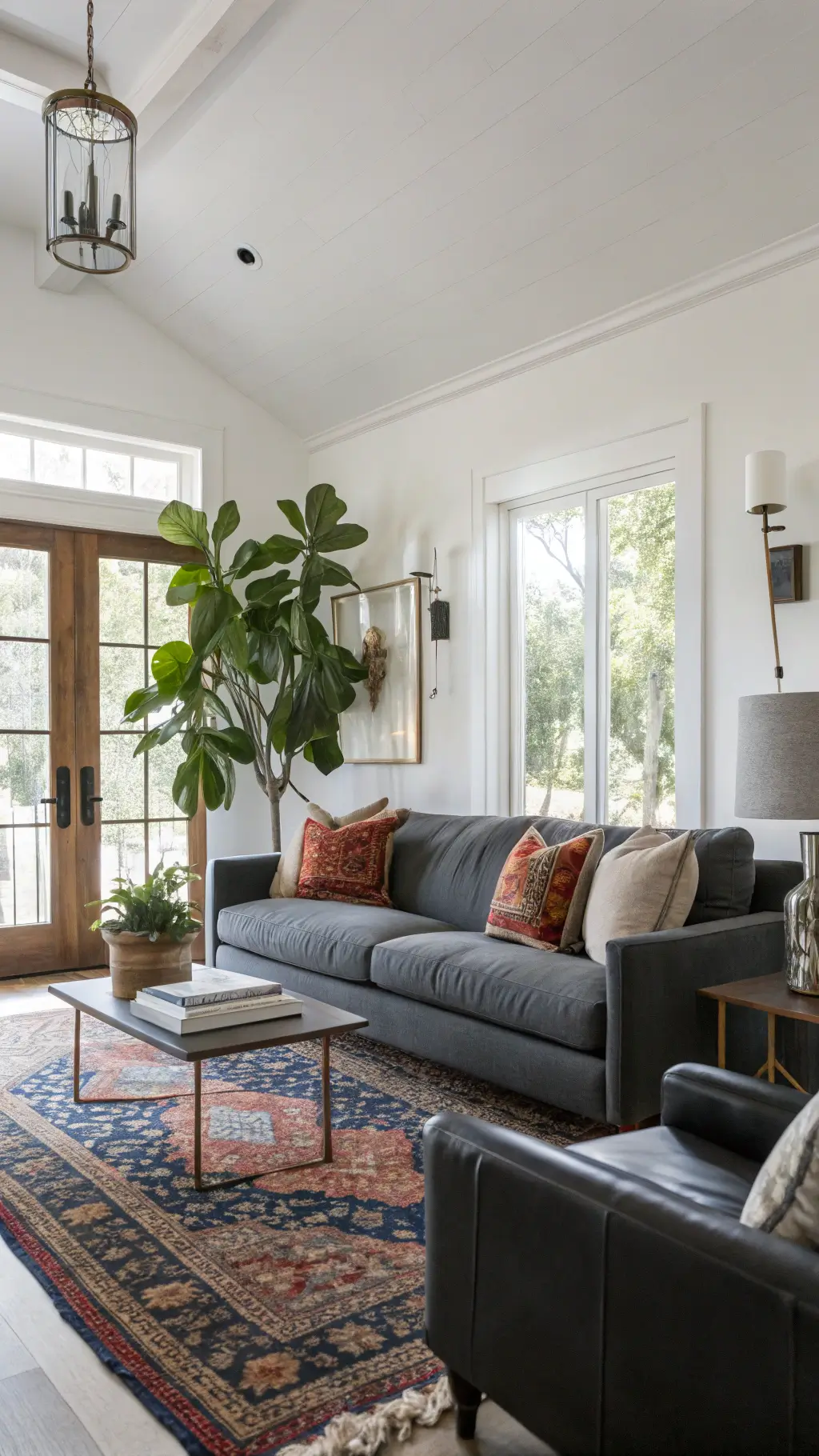 Elegant living room with a dark grey sofa, leather armchairs, textured white walls, fiddle leaf fig plants, a vintage Persian rug in jewel tones, and warm LED sconces highlighting the space