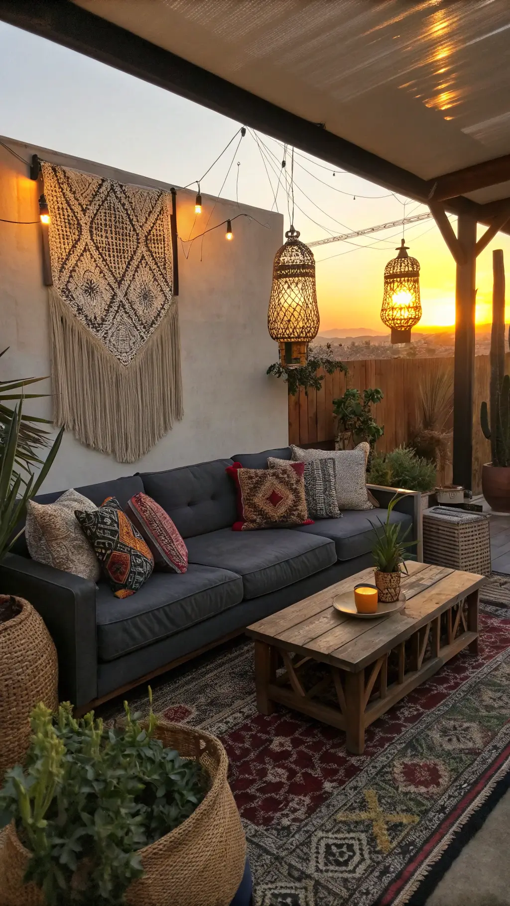 Eclectic living room with a dark grey sofa, vibrant Kilim cushions, macramé wall art, brass lanterns, teak coffee table, monstera plants, and dramatic side lighting at sunset