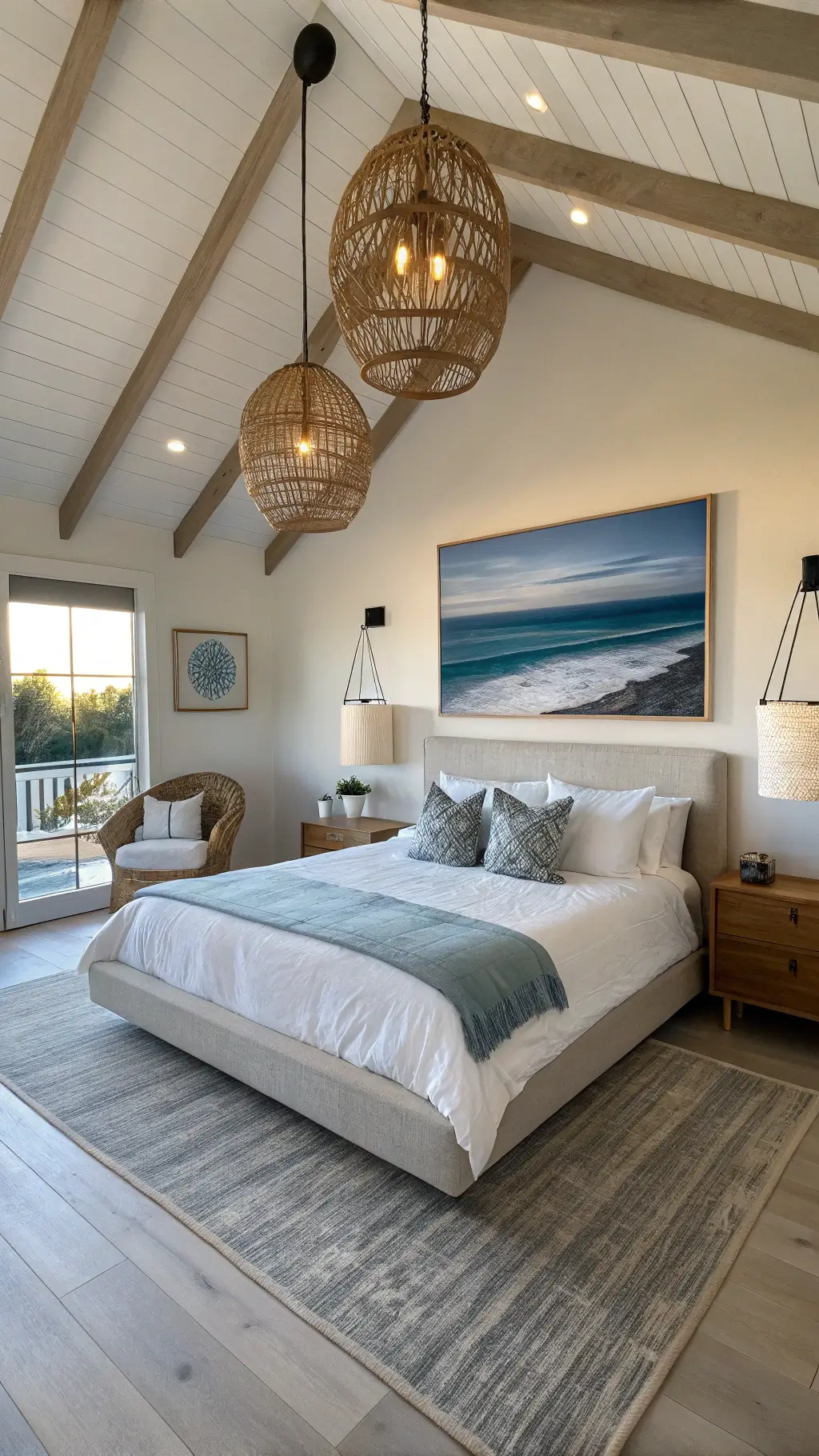Modern coastal master bedroom with minimalist bleached oak bed, abstract ocean art, cream bouclé reading chair, and woven pendant lights during golden hour.