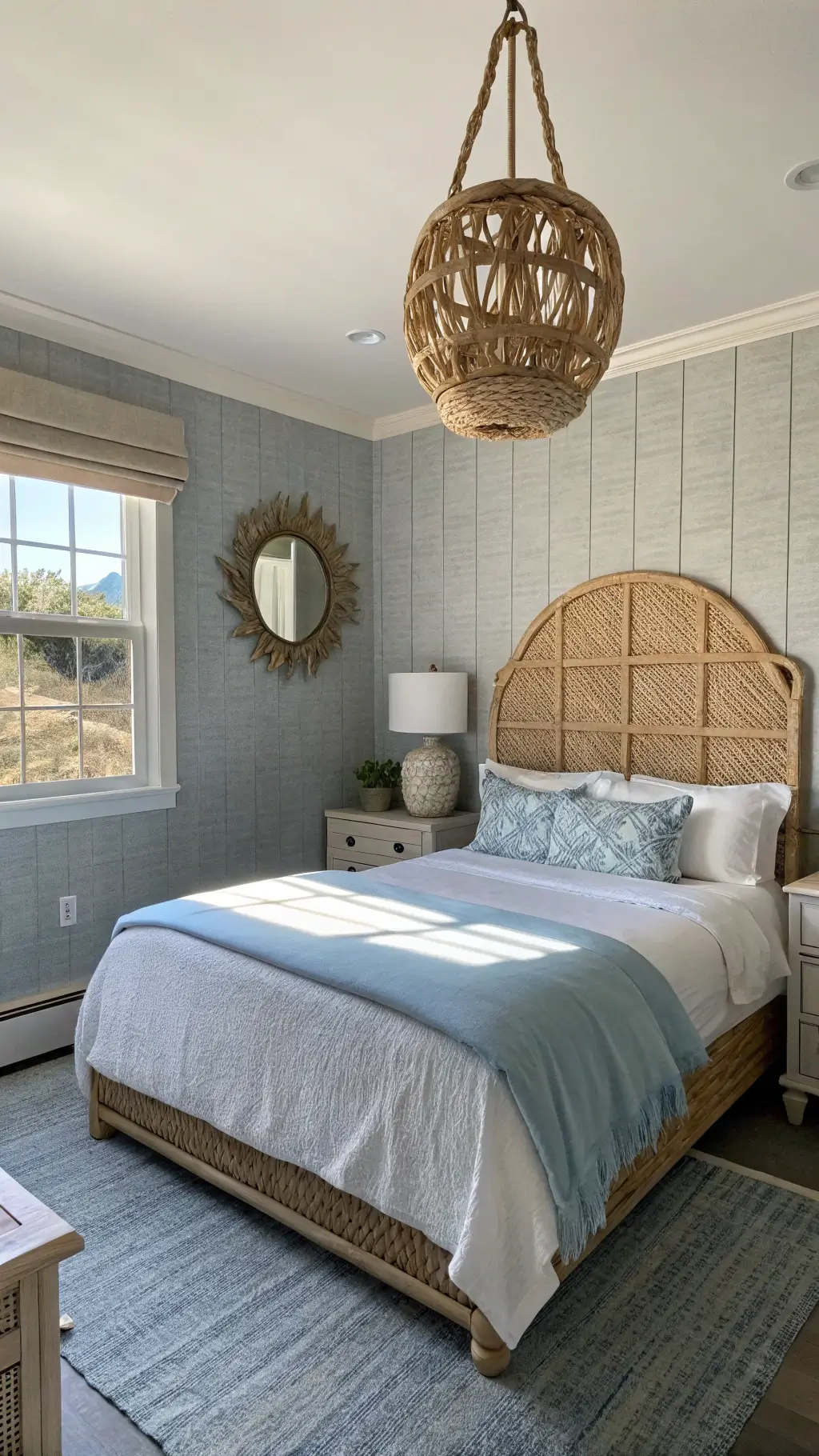 Coastal guest bedroom with vintage rattan headboard, sand and pale blue bedding, rope-wrapped mirror, and natural fiber roman shade at twilight.