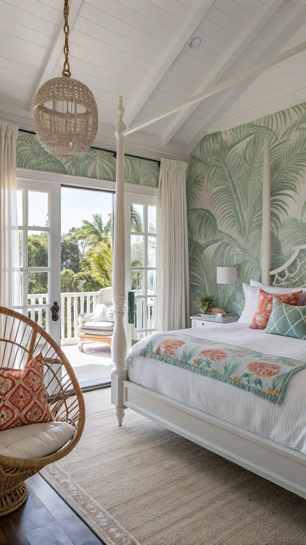 Sunlit tropical coastal bedroom with palm leaf wallpaper, whitewashed teak four-poster bed with coral and aqua accents, rattan hanging chair with tropical cushions, and French doors opening to a terrace.