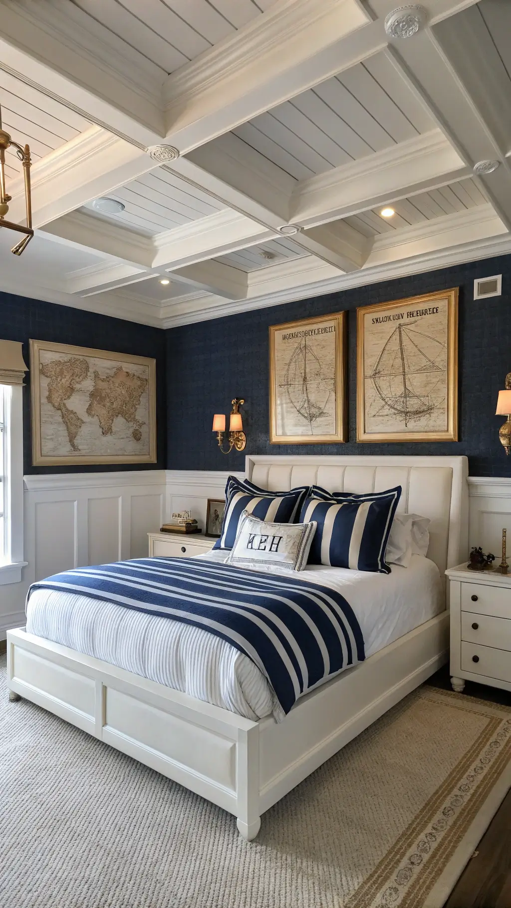 Nautical-themed master bedroom with navy grasscloth accent wall, white upholstered headboard, antique brass reading sconces, striped bedding, vintage maritime maps, and sisal carpet illuminated by directional lighting.