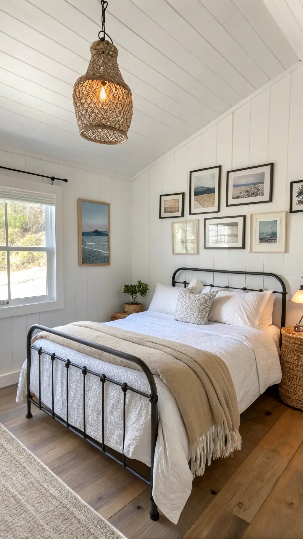 Coastal guest room with white walls, pale oak flooring, iron bed with beige linens, DIY beach photography in floating frames, and repurposed vintage basket pendant light.
