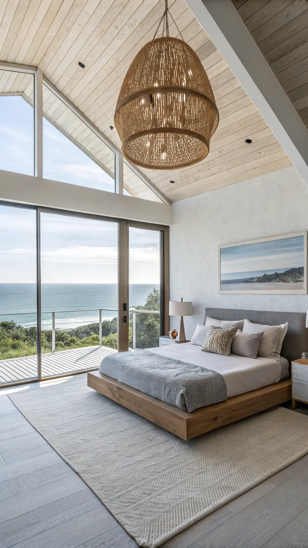 Spacious modern coastal bedroom with panoramic windows, grey oak platform bed, and blue-to-white ombré sheer curtains illuminated by natural light.