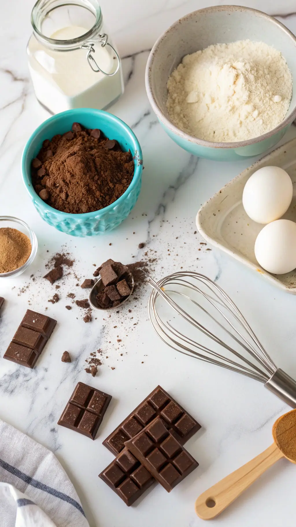 Baking ingredients on a white marble counter with measuring spoons of cocoa powder, piles of flour, chocolate squares, vintage whisk, robin's egg blue mixing bowl, and jars of vanilla sugar in golden morning light.