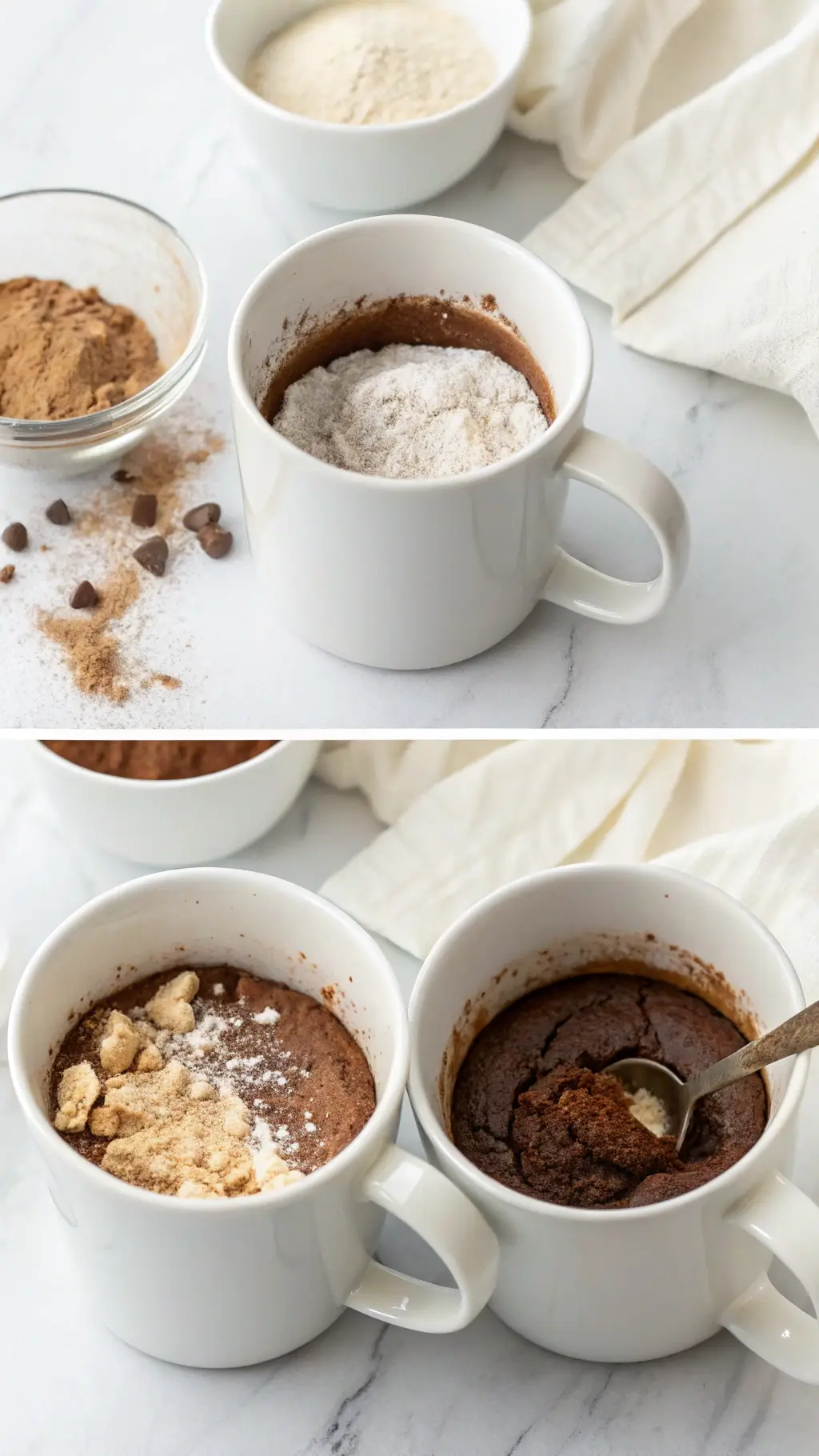 Triptych of three 16oz white mugs showing stages of batter preparation: dry ingredients, wet mixture, and chocolate center addition, lit evenly from above on a clean background.