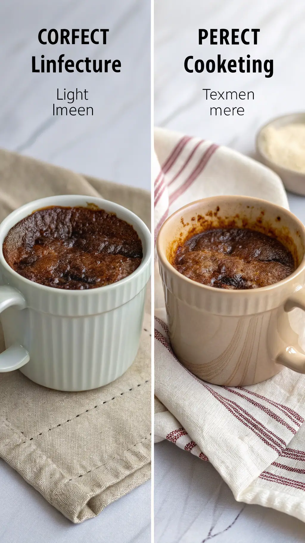 Comparison image of two mugs with texture results, one perfect gooiness and the other overcooked, presented on a linen napkin with educational lighting setup for clear detailing, shot in clean instructional style neutral background.