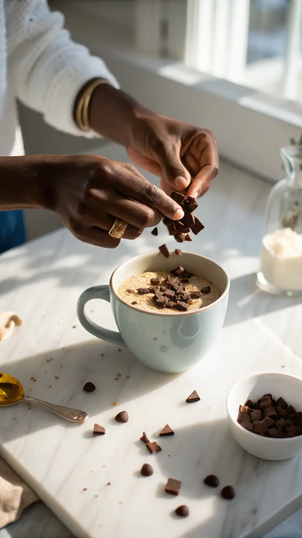 Baker's hand with wedding ring dropping chocolate pieces into mug batter on white marble counter, depicted in soft natural light and shadows from a window.