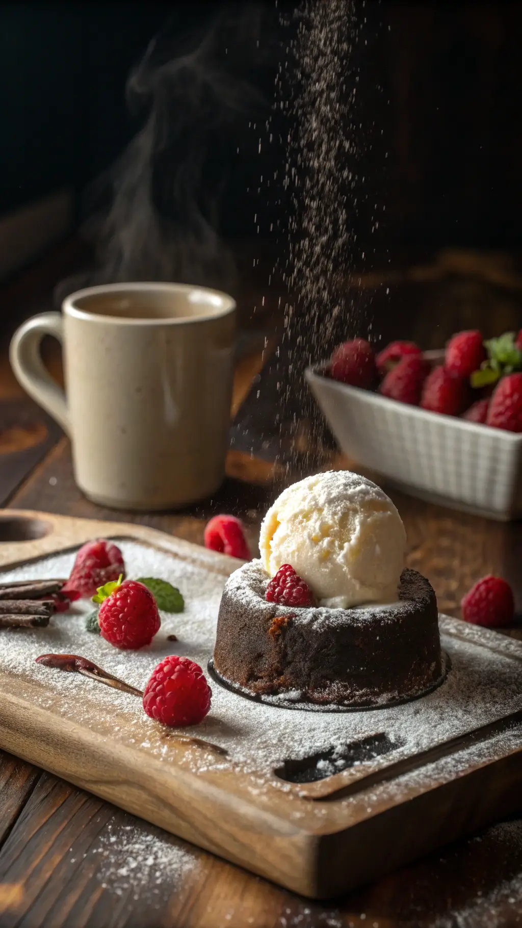 Steam rising from lava cake with vanilla ice cream and raspberries, dusted powdered sugar on a wooden board, under dramatic side lighting.