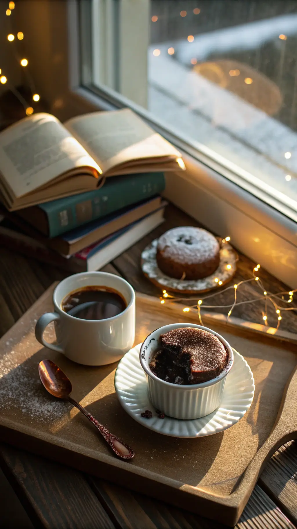 Cozy afternoon setting with lava cake, coffee cup, book on vintage wooden side table, copper spoon saucer, warm fairy lights bokeh in background, shot from elevated angle ambient lighting