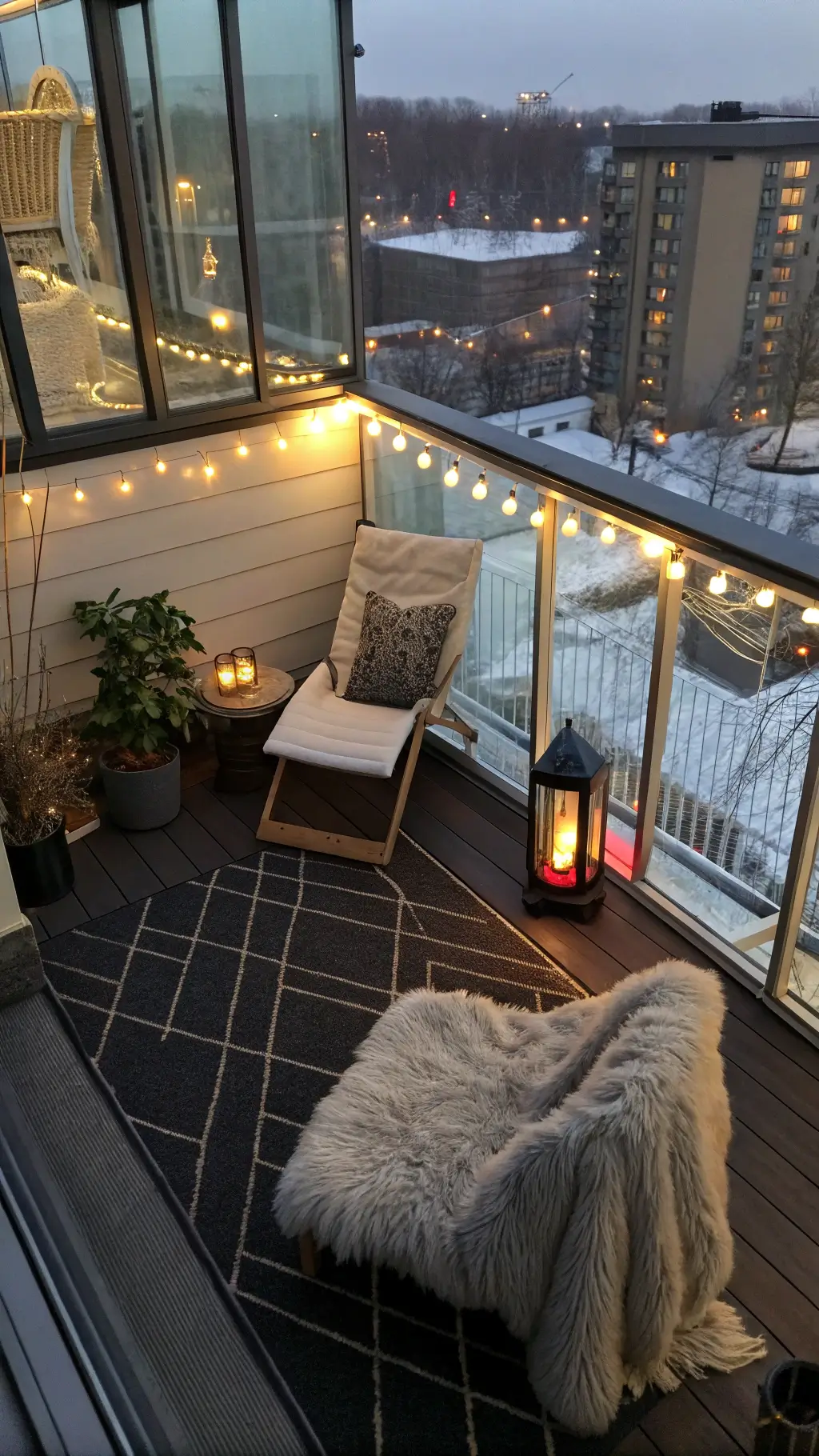 Overhead view of a cozy winter balcony featuring faux fur throws on modern lounge chairs, a compact glowing propane heater, glass wind-block panels with city views and fairy lights creating an intimate atmosphere.