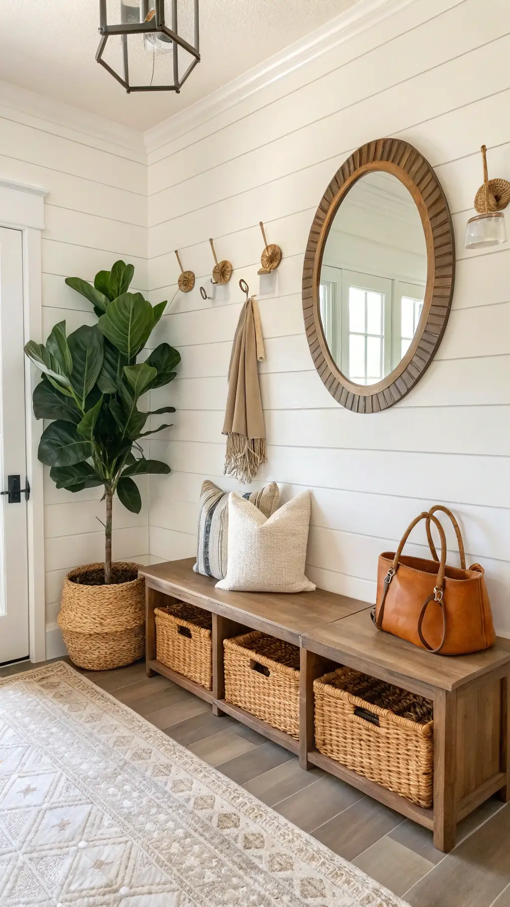 modern farmhouse corner entryway with shiplap accent wall, rattan mirror, rustic wooden bench woven baskets, and fiddle leaf fig in terracotta pot, lit by warm morning light.