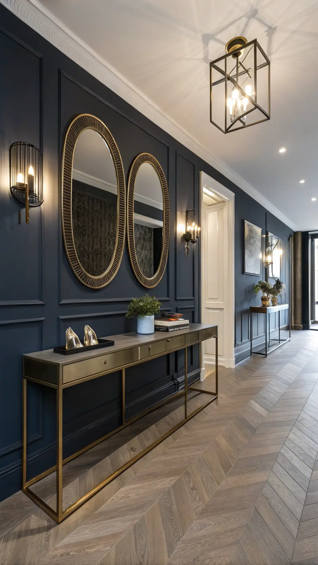 dramatic dusk view of a minimalist 4x6ft entry corridor featuring brushed brass console with smoky glass top, circular mirrors, matte black sconces, engineered oak flooring, concealed shoe storage, and deep navy accent wall.