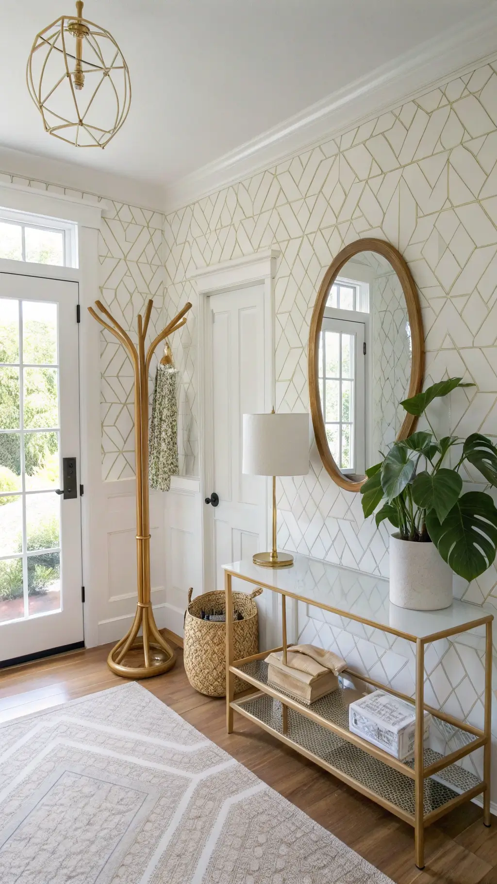 brightly lit rental entryway with white geometric wallpaper, bamboo coat rack, light acrylic console table, large round mirror, potted snake plant and jute runner, shot at an angle to emphasize depth.
