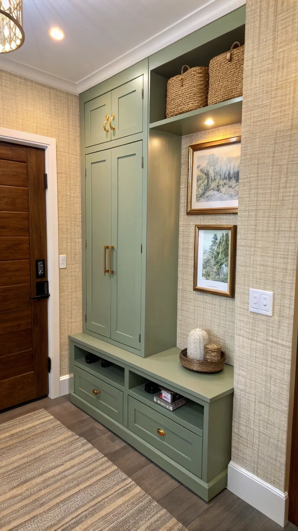 late afternoon shot of a sage green custom-built floating storage unit with brass hardware, mirror and key hooks in small beige micro-entryway, illuminated by compact LED light showcasing original artwork. Ceramic dish sits on shelf, photo taken from doorway 24mm wide-angle lens under mix natural artificial lighting.